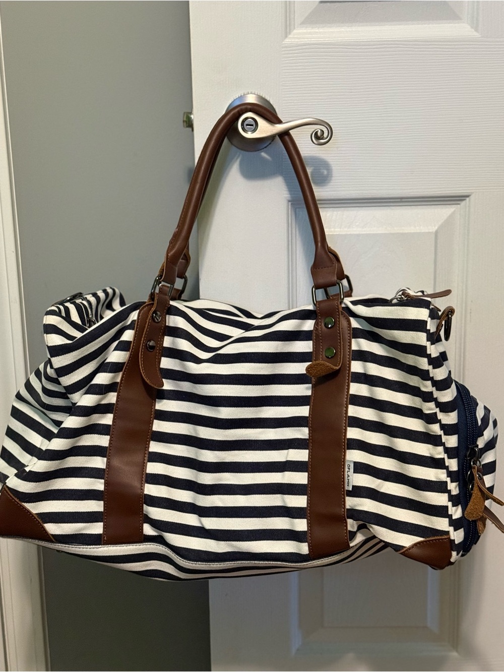 Oflamn Navy & White Striped Canvas Tote with Brown trim